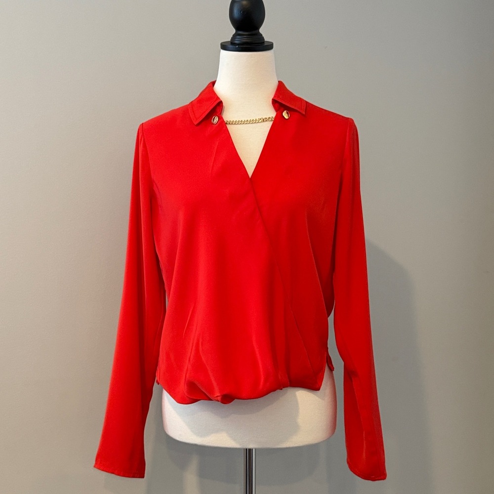 Michael Kors Persimmon Orange Chain Detail Blouse Gold Accent Size Small
